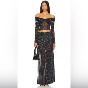 NEW AFRM Leroy Polka Dot Maxi Sheer Skirt in Noir Dot